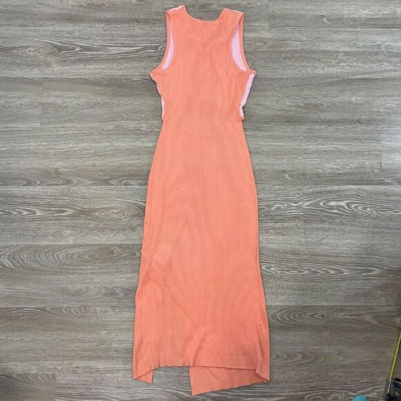 Medium Peach Pink Ribbed Knit Open Belly Dress Slim Fit Midi Summer Dress - Picture 3 of 9